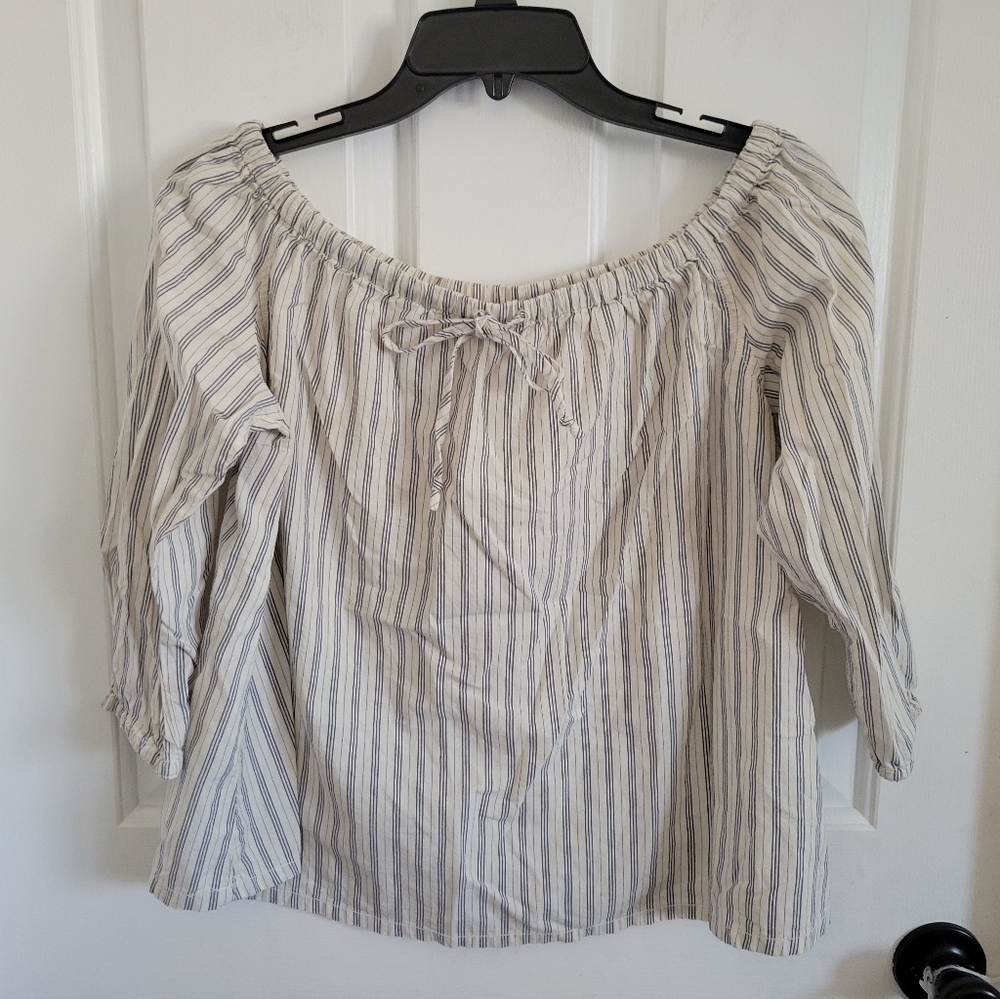 Madewell Women's Striped Cream Blue Off the Shoulder Cotton Top Size XS